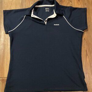 Women's M Navy Blue White Trim Reebok Blouse Collar V Neck Buttons Athetic